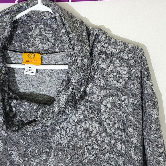 Ruby Rd. Grey 3/4 Sleeve Open Lace Pattern Cowl Neck Sweater/Shirt - Sz XLarge - Picture 3 of 6